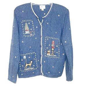 Christopher & Banks Cat Christmas Hand Embroidered Knit Winter Cardigan Large